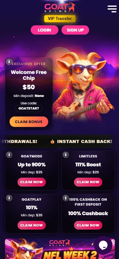 Goat Spins Casino mobile browser home view with welcome offer
