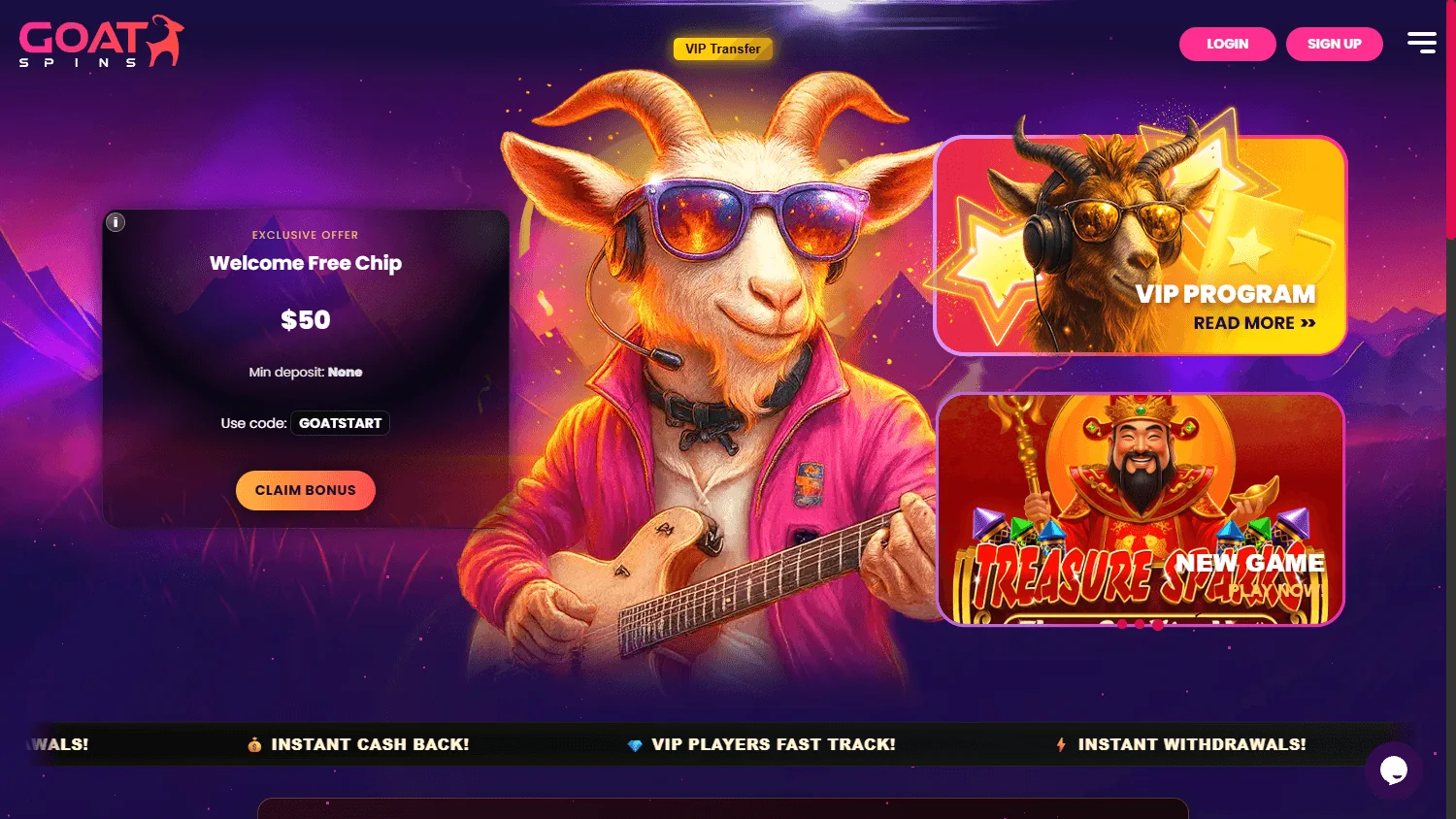 Goat Spins Casino desktop home view with welcome offer and casino access
