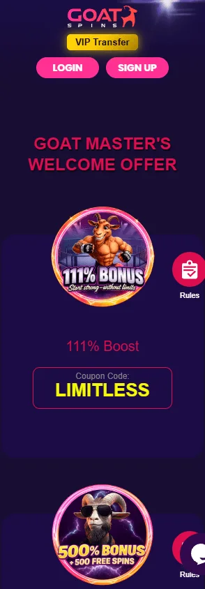 Goat Spins Casino mobile browser promotions view with bonus offers