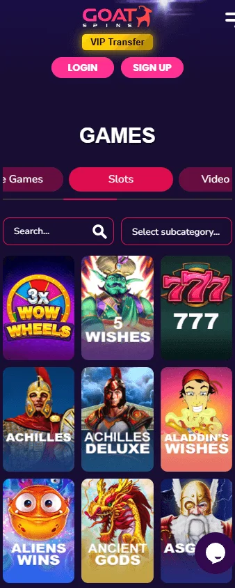 Goat Spins Casino mobile browser games view with casino categories
