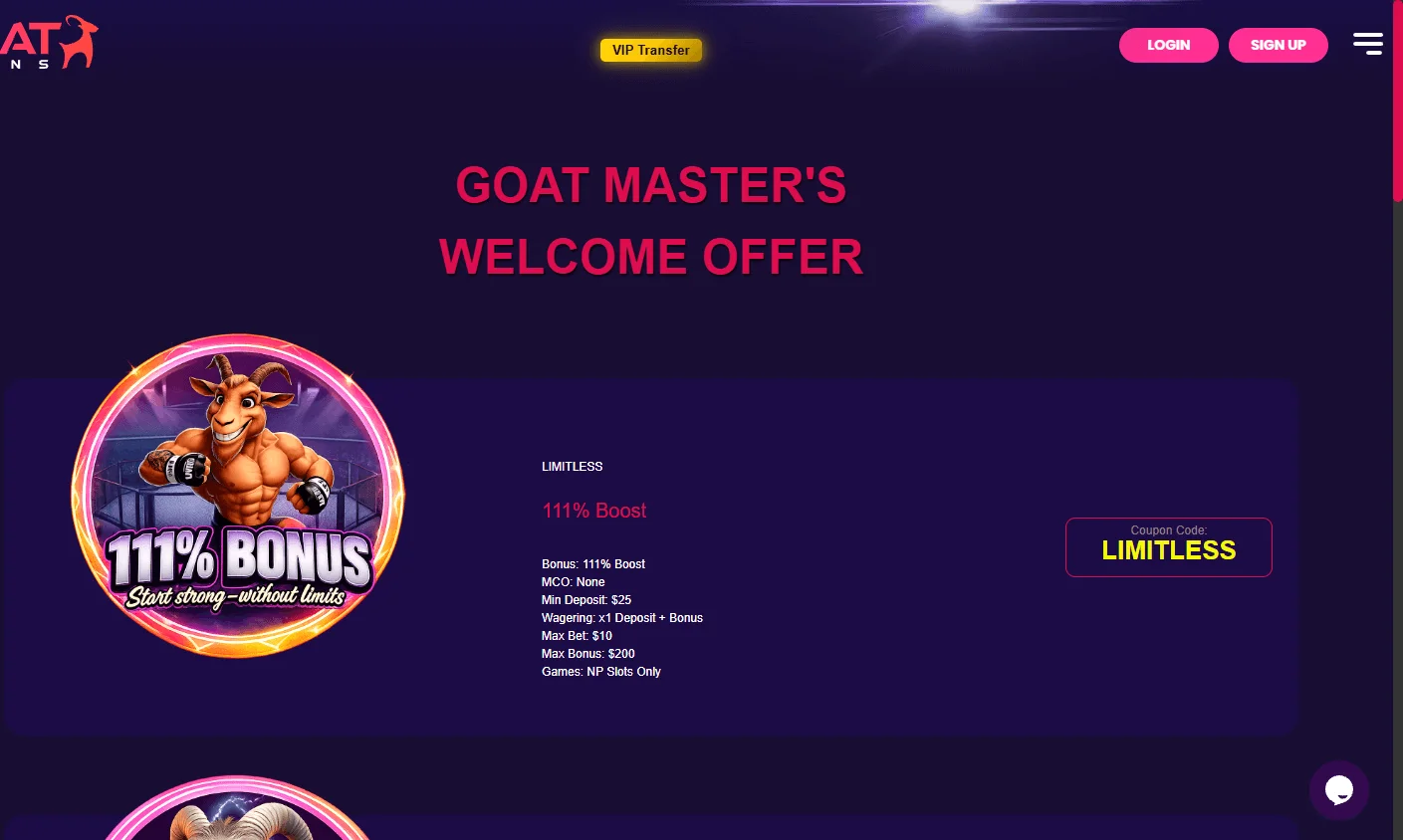 Goat Spins Casino desktop promotions view with bonus offers and free spins