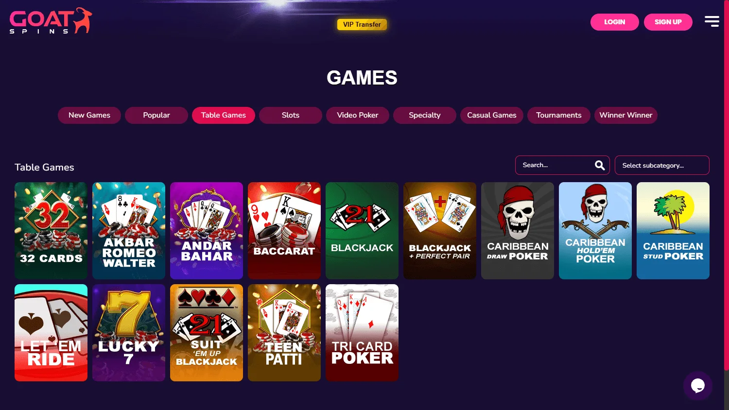 Goat Spins Casino desktop games view with RTG casino categories
